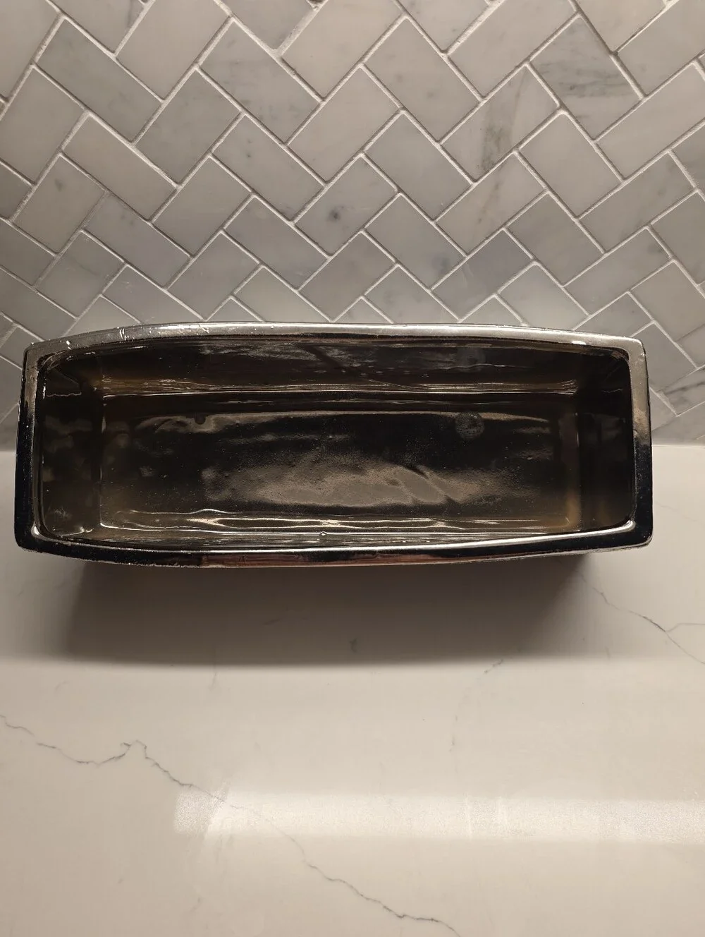 Modern Metallic Silver Ceramic Trough Planter – Textured Rectangular Centerpiece